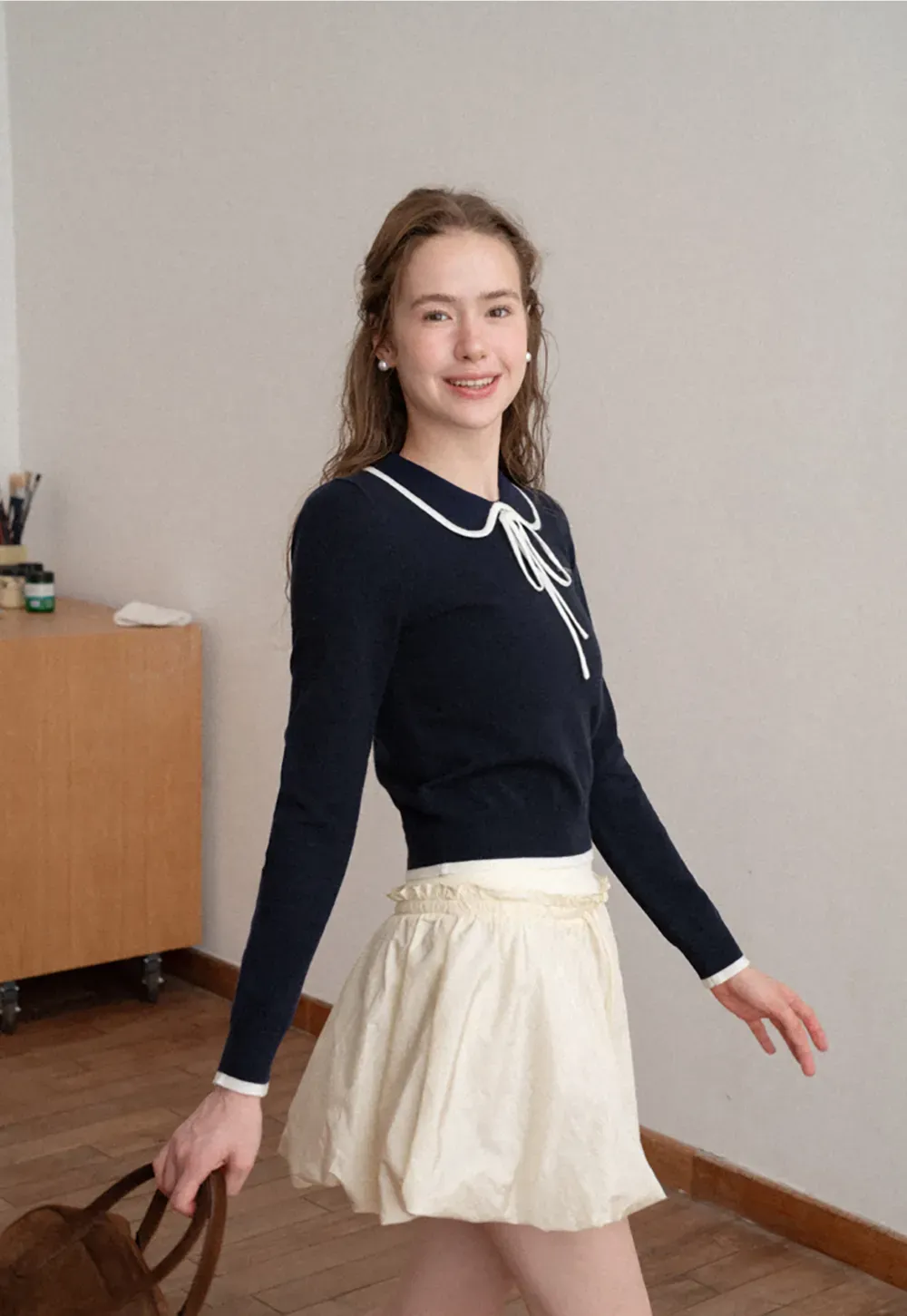 Peter Pan Collar Tie Neck Woolen Knit Sweater