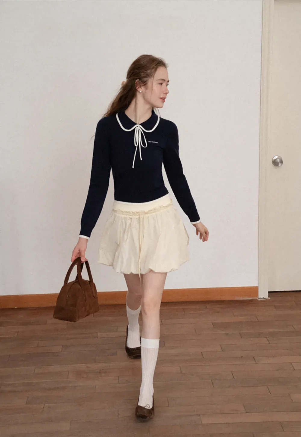 Peter Pan Collar Tie Neck Woolen Knit Sweater