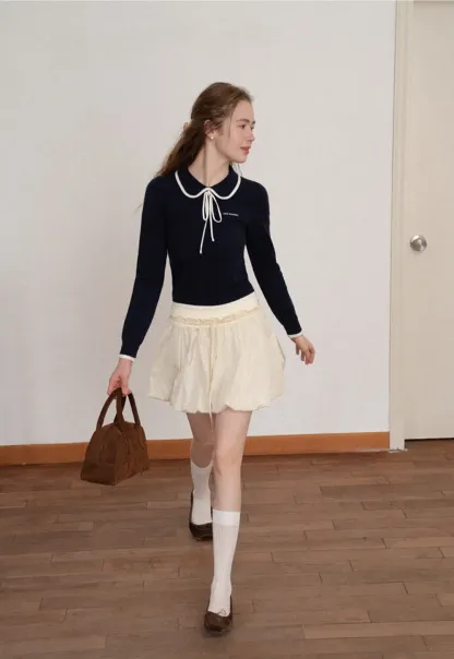 Peter Pan Collar Tie Neck Woolen Knit Sweater
