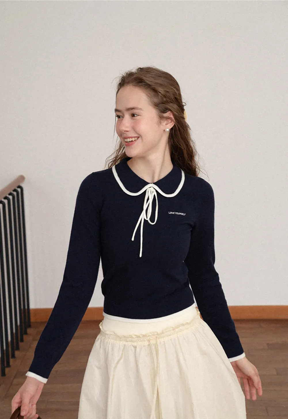 Peter Pan Collar Tie Neck Woolen Knit Sweater