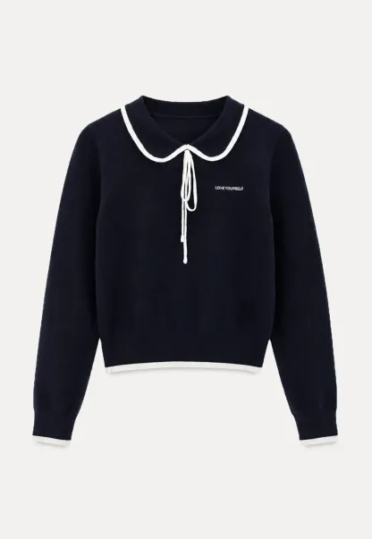 Peter Pan Collar Tie Neck Woolen Knit Sweater