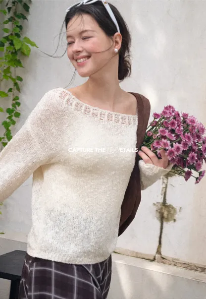 Off Shoulder Lace Trim Woolen Knit Sweater