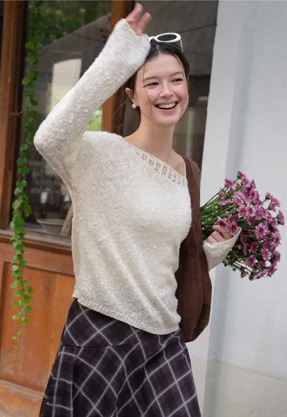 Off Shoulder Lace Trim Woolen Knit Sweater