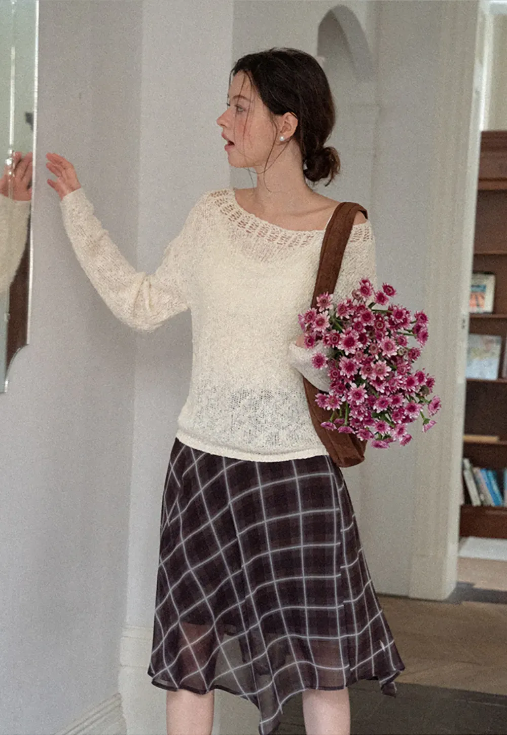 Off Shoulder Lace Trim Woolen Knit Sweater