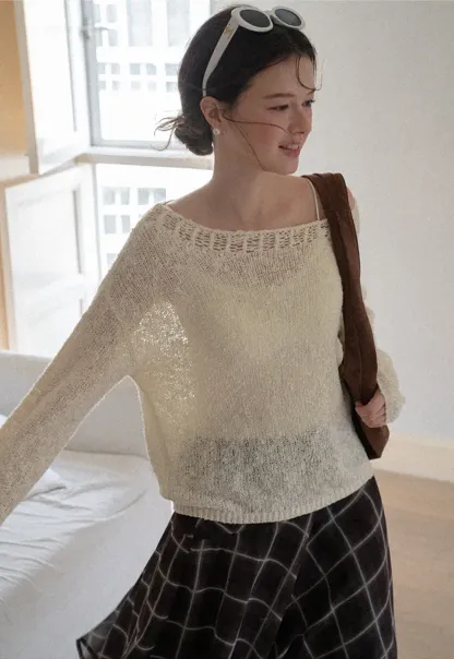 Off Shoulder Lace Trim Woolen Knit Sweater