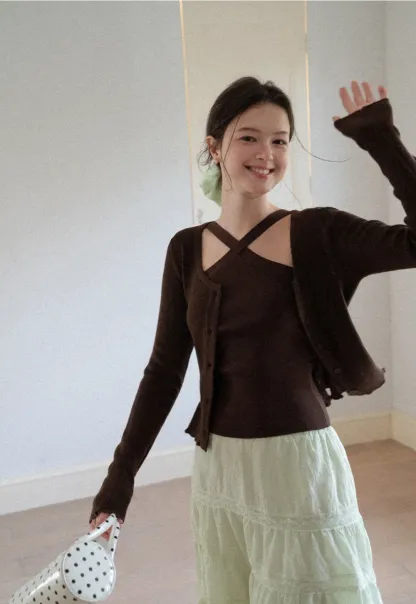 Cross Front Ribbed Knit Cardigan