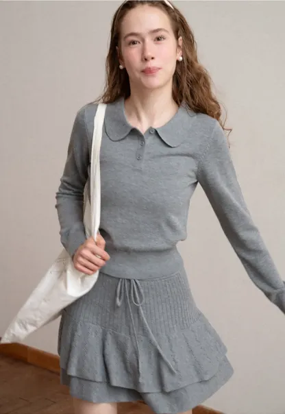 Peter Pan Collar Ribbed Knit Sweater
