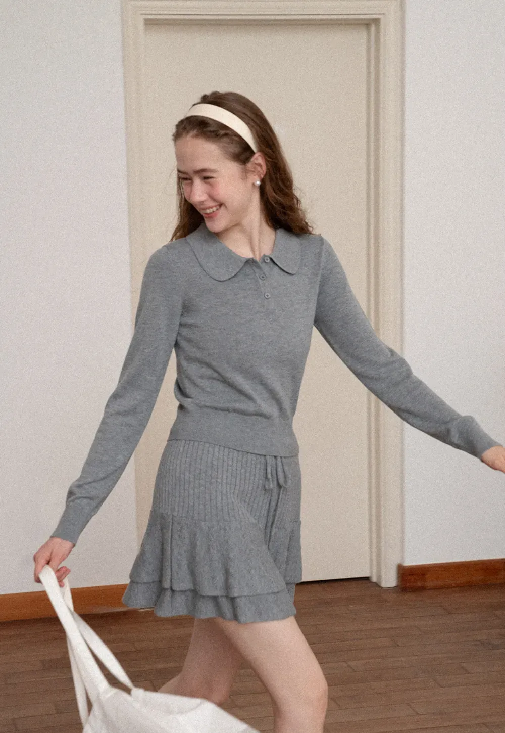 Peter Pan Collar Ribbed Knit Sweater