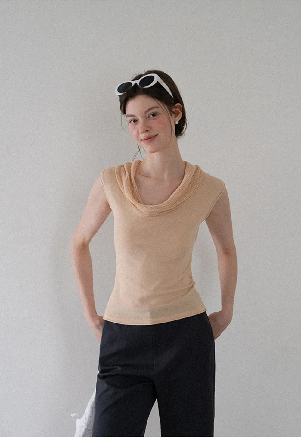 Cowl Neck Sleeveless Ribbed Knit Sweater