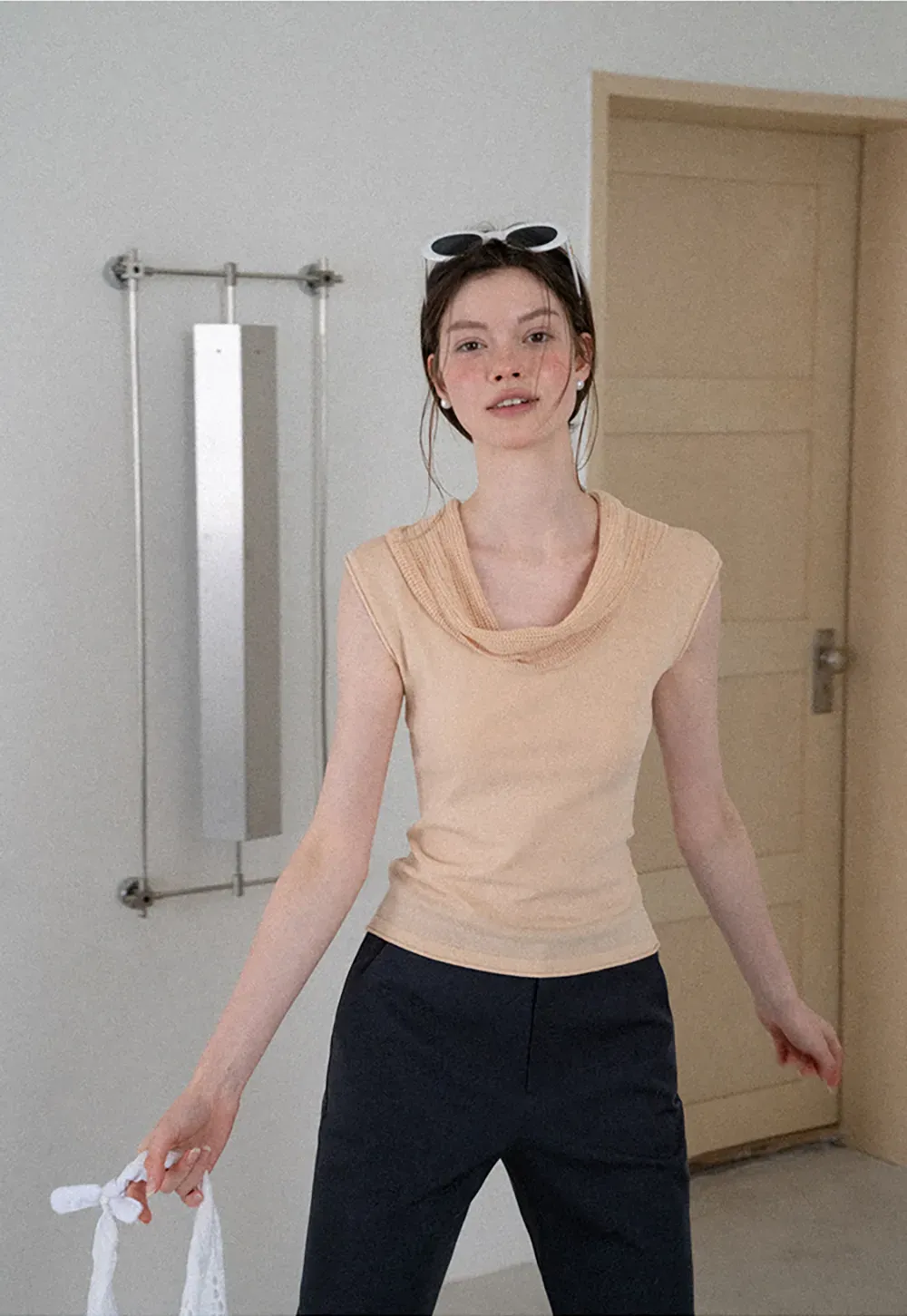 Cowl Neck Sleeveless Ribbed Knit Sweater