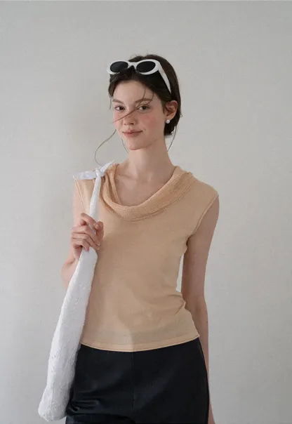 Cowl Neck Sleeveless Ribbed Knit Sweater