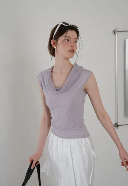 Cowl Neck Sleeveless Ribbed Knit Sweater