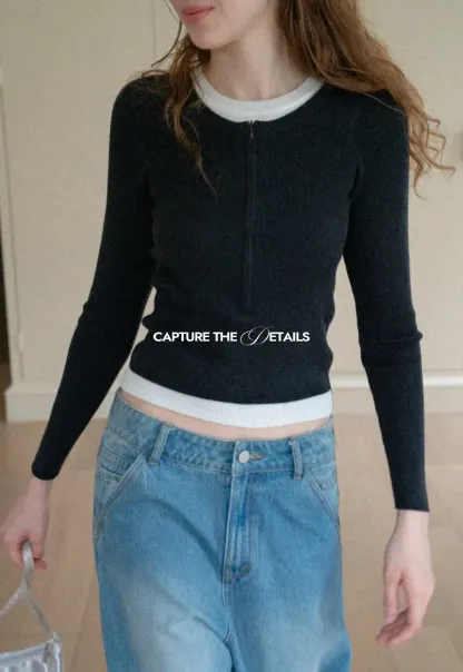 Cropped Ribbed Knit Sweater with Contrast Trim