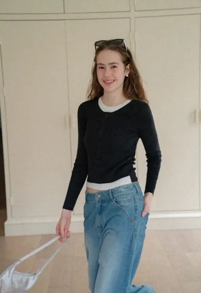 Cropped Ribbed Knit Sweater with Contrast Trim