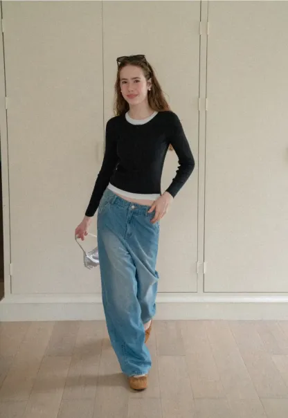 Cropped Ribbed Knit Sweater with Contrast Trim