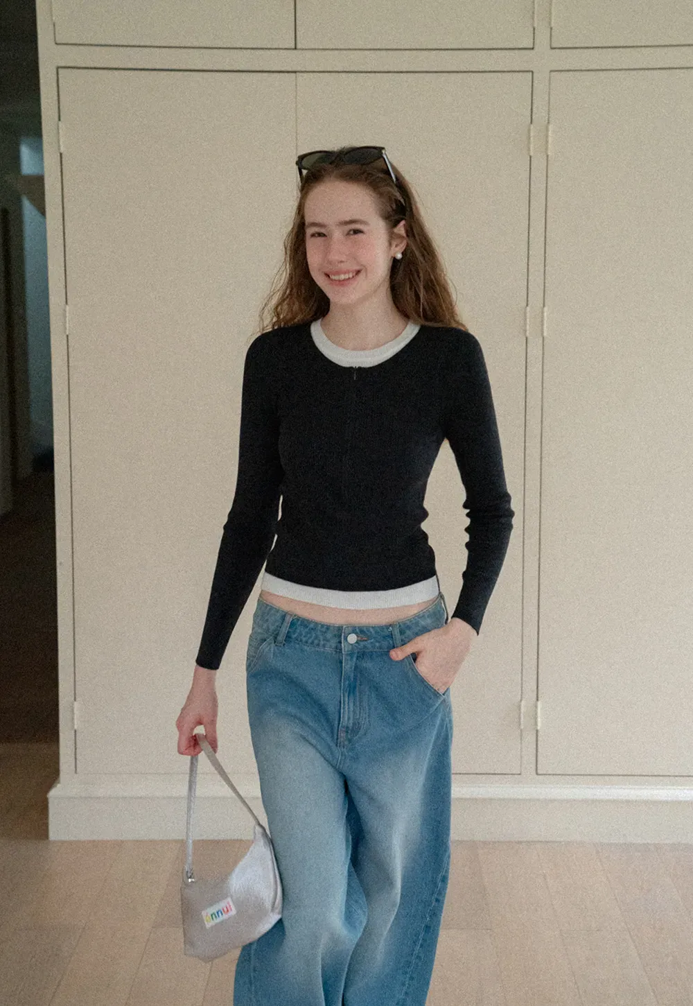 Cropped Ribbed Knit Sweater with Contrast Trim
