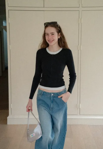 Cropped Ribbed Knit Sweater with Contrast Trim