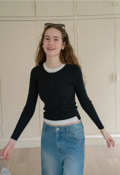 Cropped Ribbed Knit Sweater with Contrast Trim
