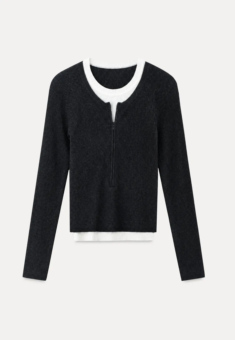 Cropped Ribbed Knit Sweater with Contrast Trim