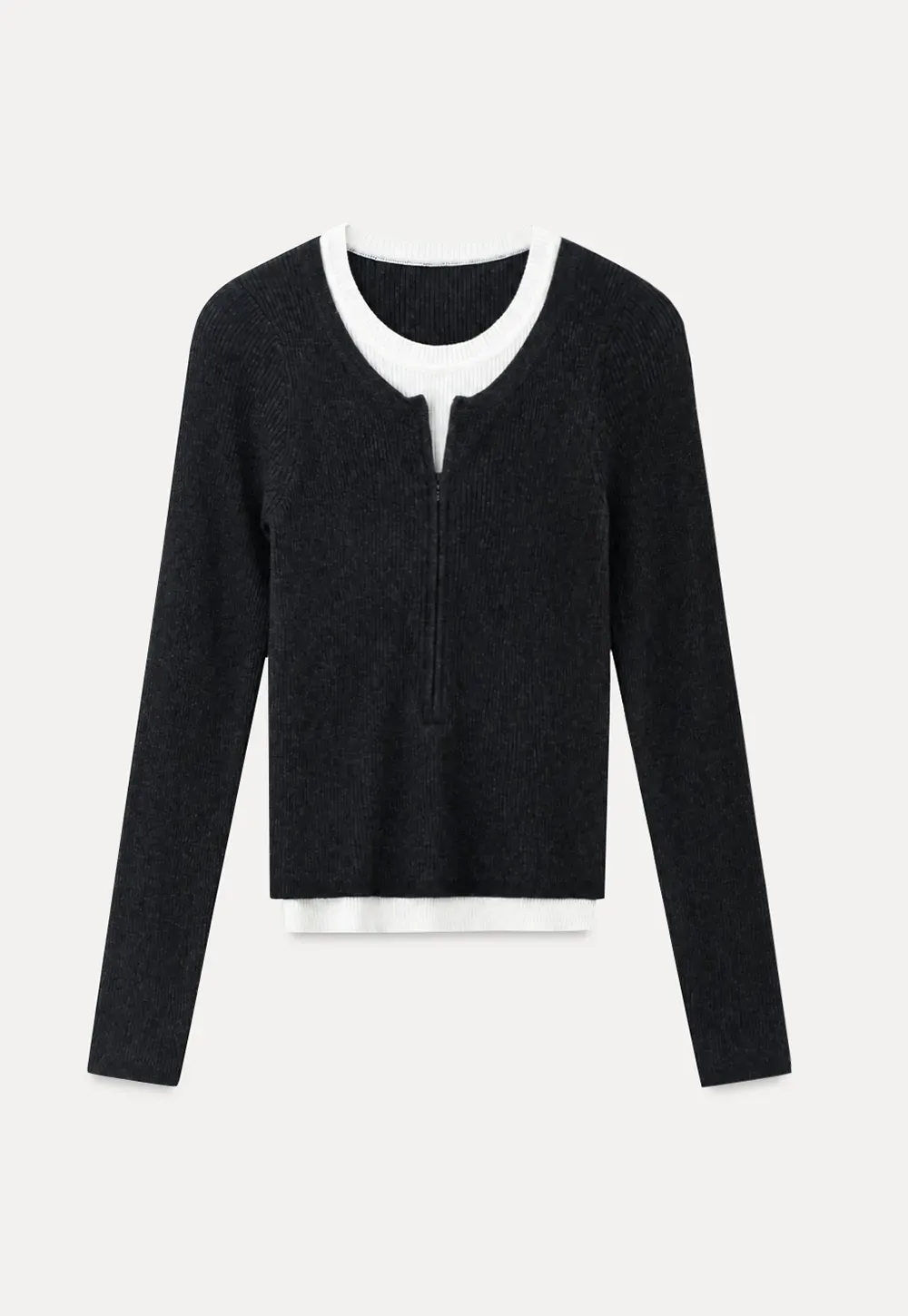 Cropped Ribbed Knit Sweater with Contrast Trim