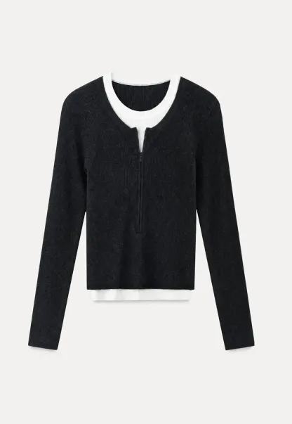 Cropped Ribbed Knit Sweater with Contrast Trim