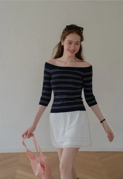 Off Shoulder Three Quarter Sleeve Knit Top