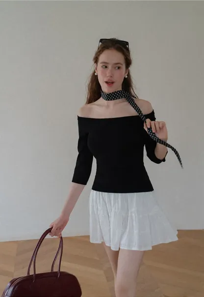 Off Shoulder Three Quarter Sleeve Knit Top