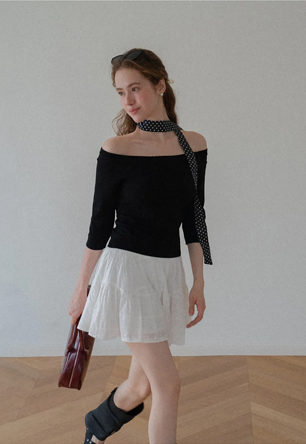 Off Shoulder Three Quarter Sleeve Knit Top