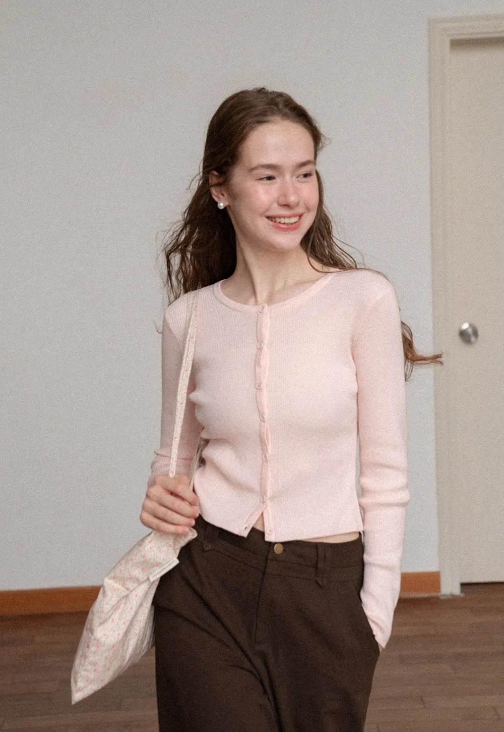 Cropped Ribbed Knit Cardigan with Button Front