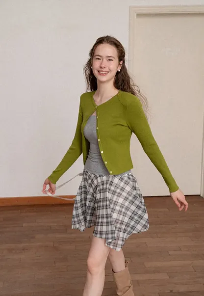 Cropped Ribbed Knit Cardigan with Button Front