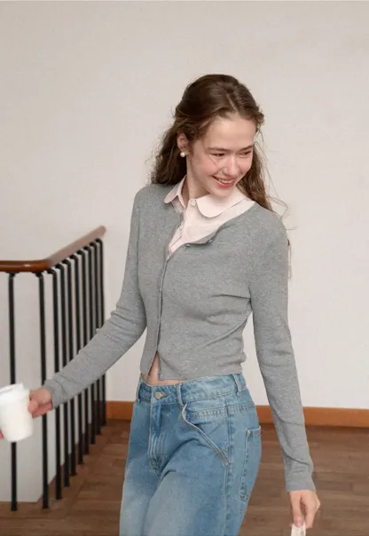 Cropped Ribbed Knit Cardigan with Button Front
