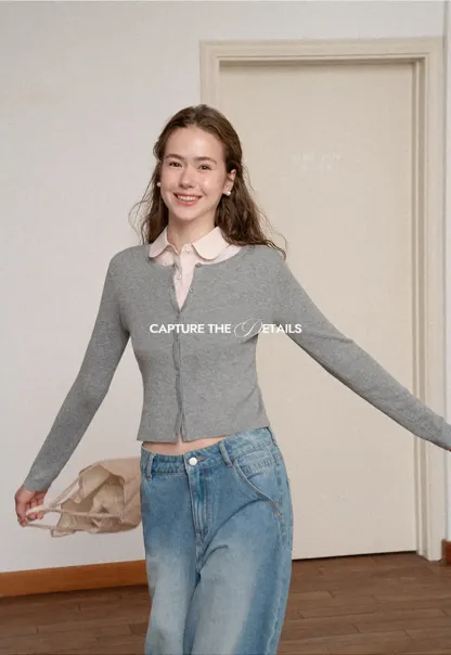 Cropped Ribbed Knit Cardigan with Button Front