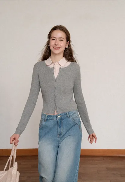 Cropped Ribbed Knit Cardigan with Button Front