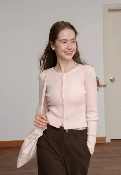 Cropped Ribbed Knit Cardigan with Button Front