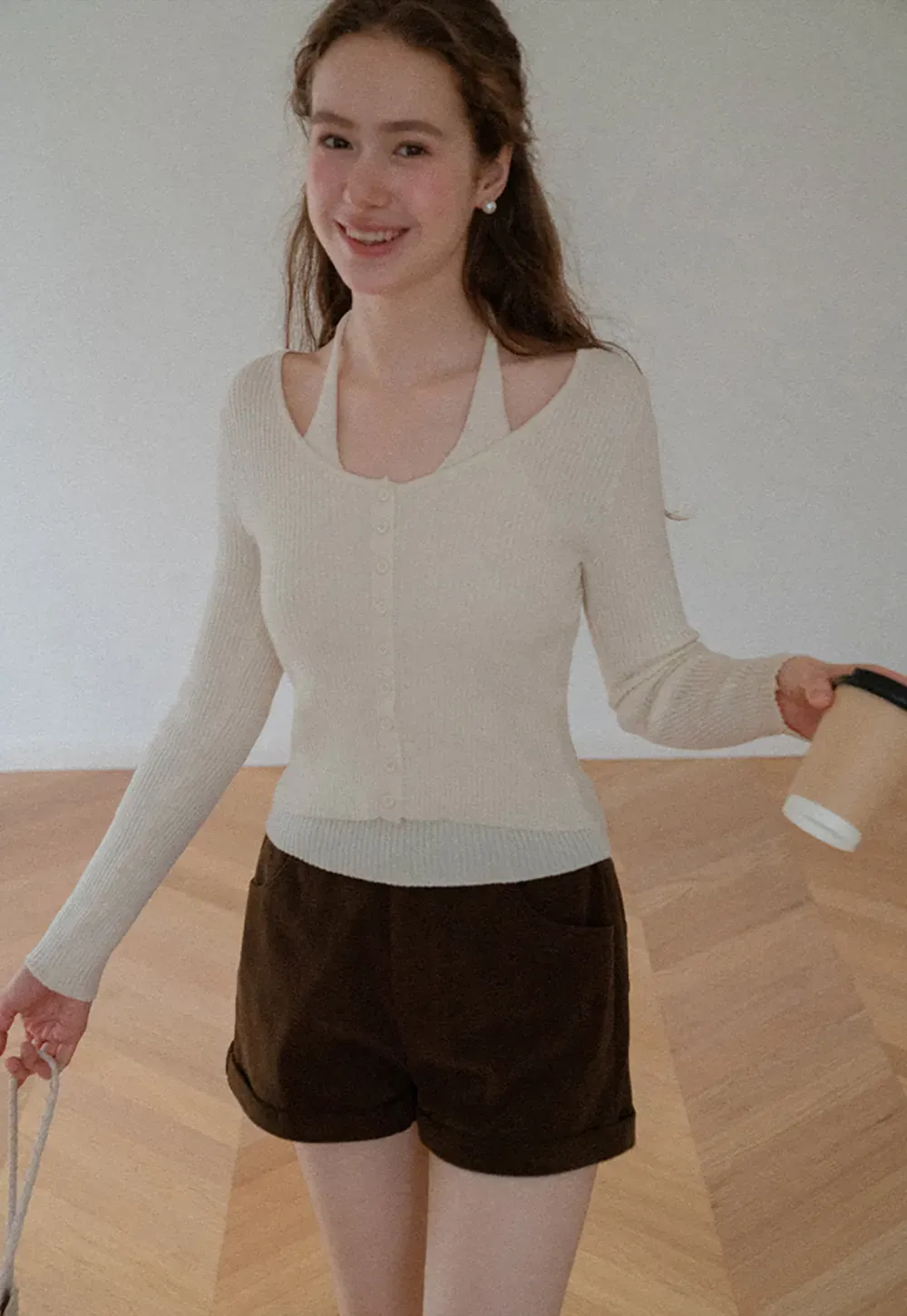 Ribbed Knit Halter Neck Button Front Cardigan