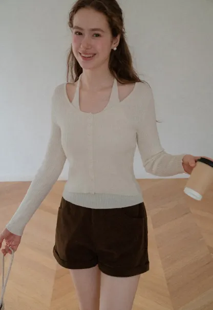 Ribbed Knit Halter Neck Button Front Cardigan
