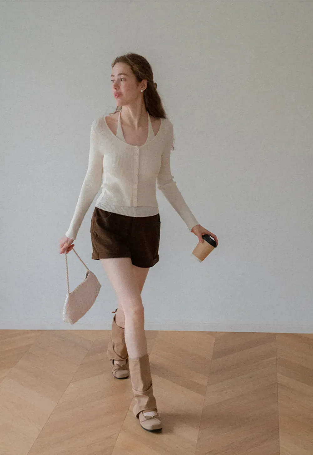 Ribbed Knit Halter Neck Button Front Cardigan