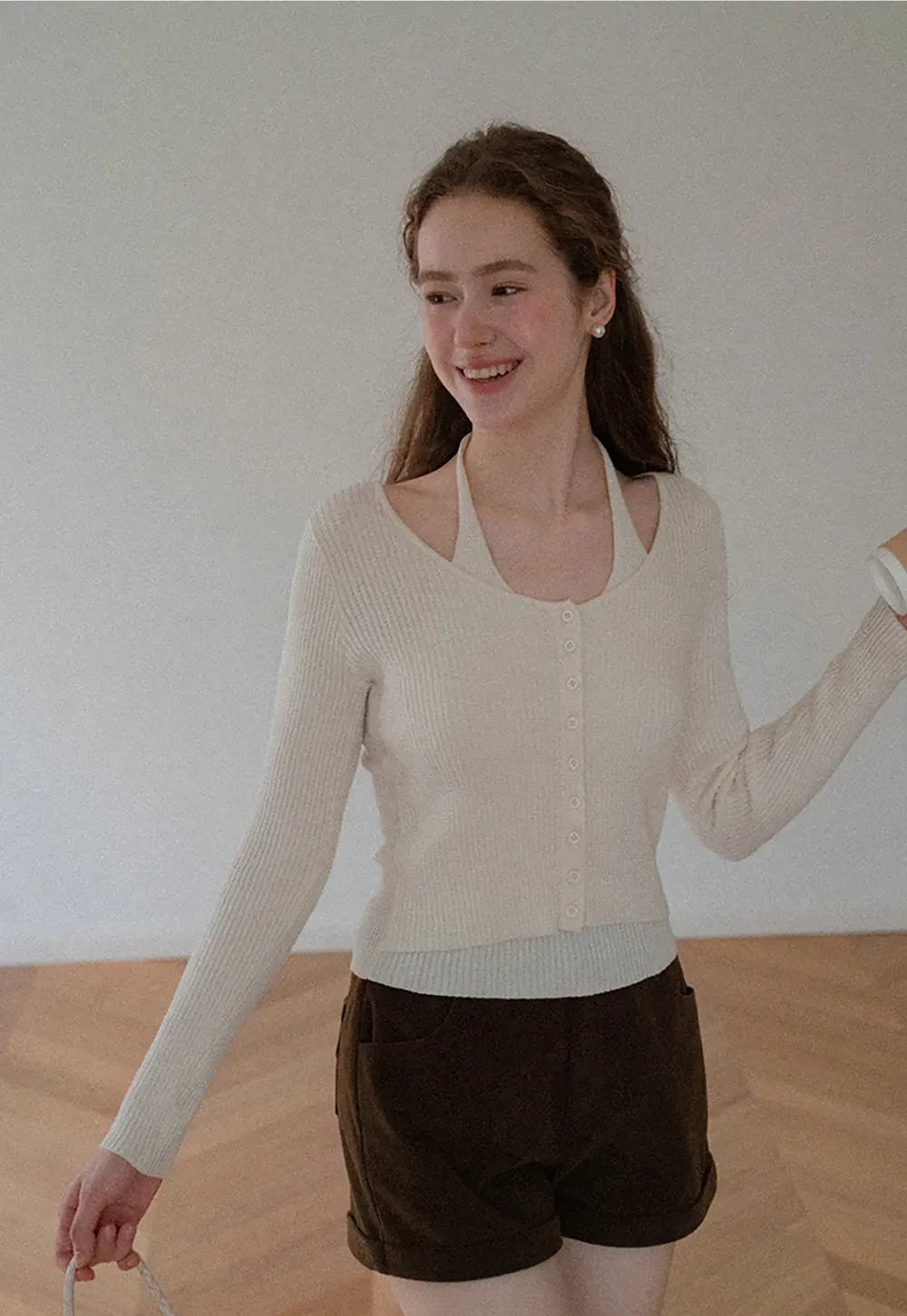 Ribbed Knit Halter Neck Button Front Cardigan