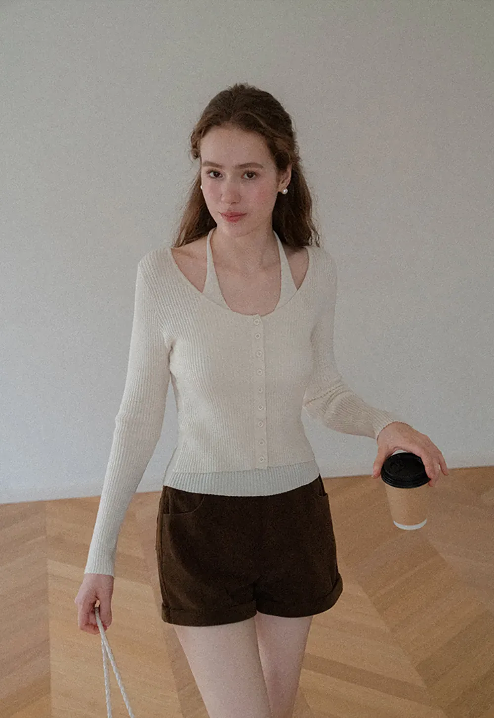 Ribbed Knit Halter Neck Button Front Cardigan