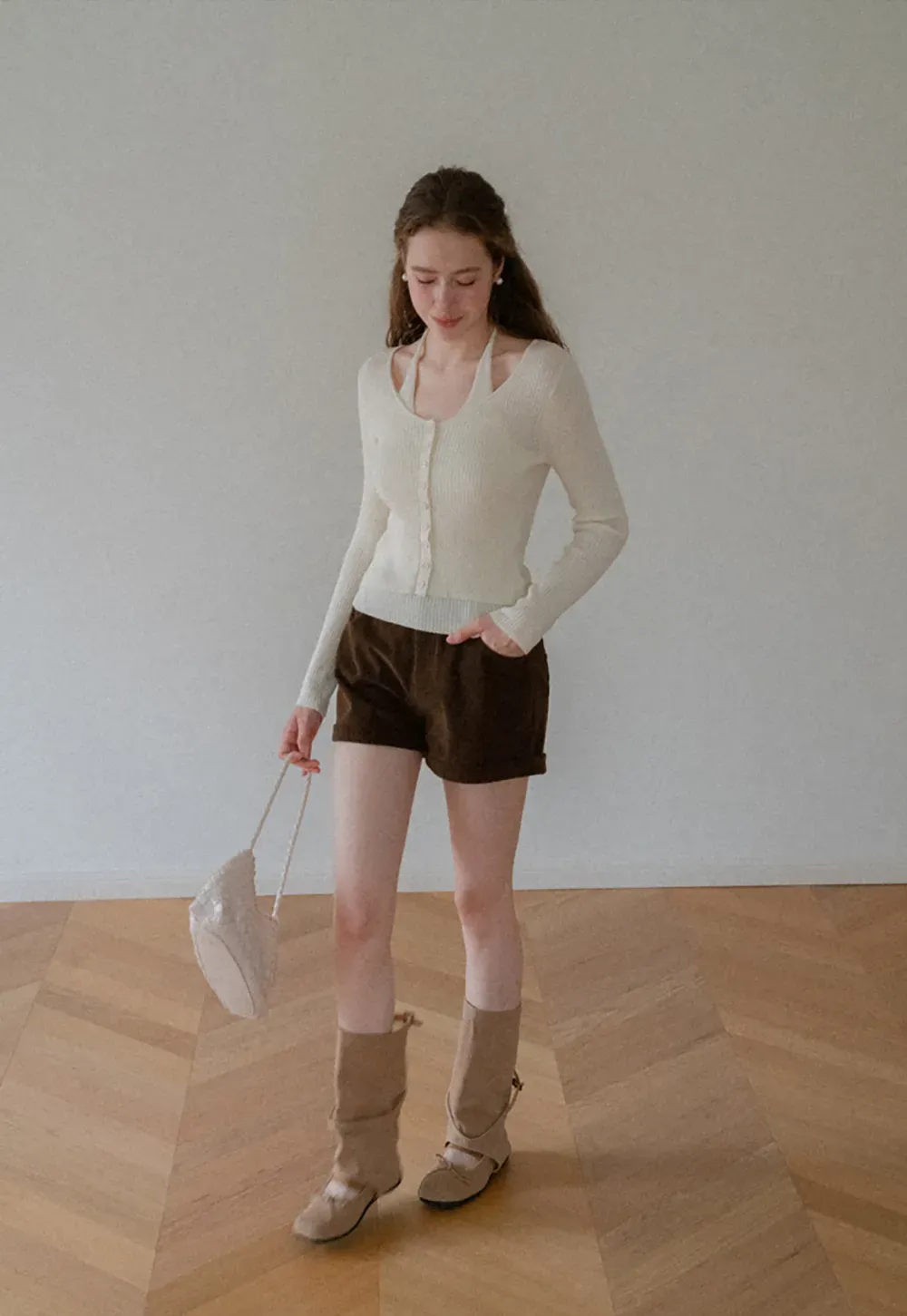 Ribbed Knit Halter Neck Button Front Cardigan