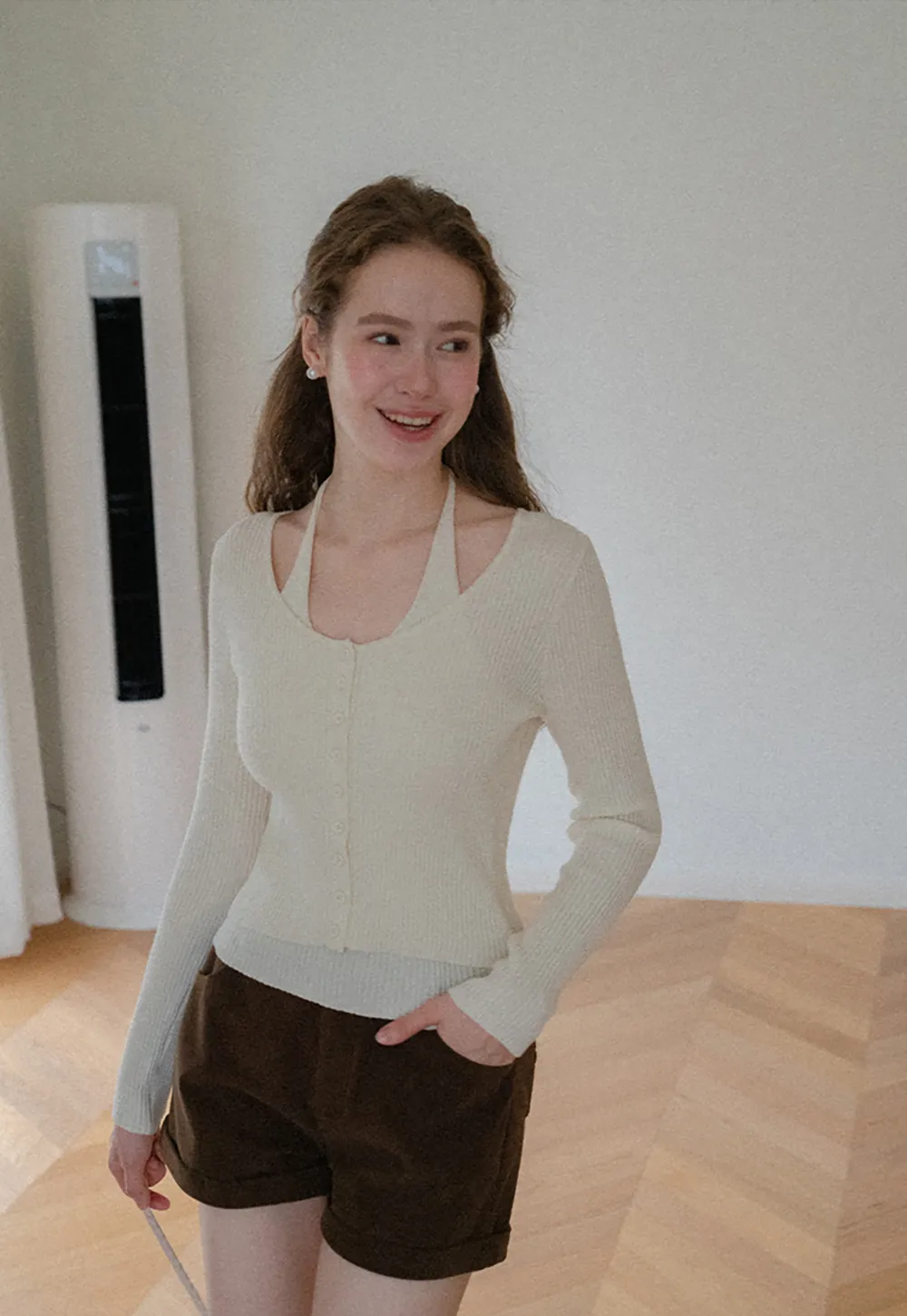 Ribbed Knit Halter Neck Button Front Cardigan