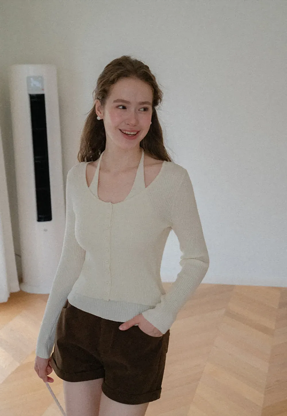 Ribbed Knit Halter Neck Button Front Cardigan
