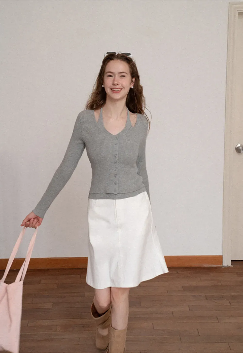 Ribbed Knit Halter Neck Button Front Cardigan