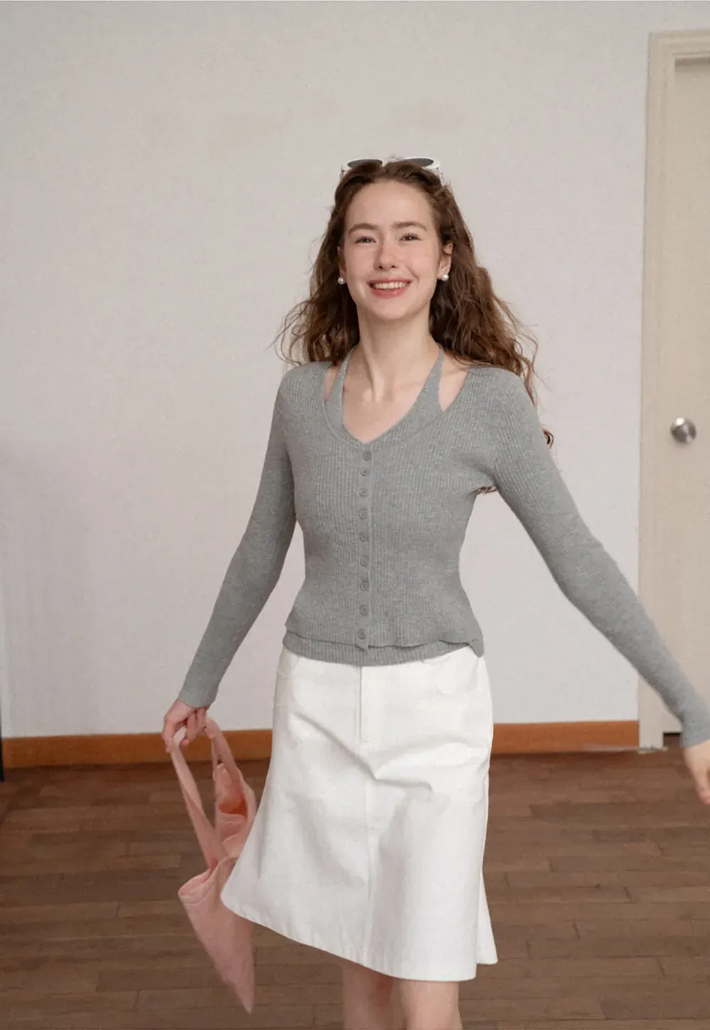 Ribbed Knit Halter Neck Button Front Cardigan