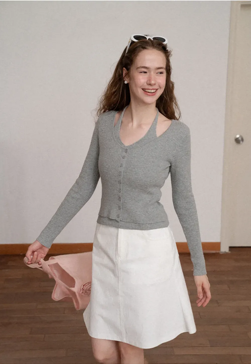 Ribbed Knit Halter Neck Button Front Cardigan