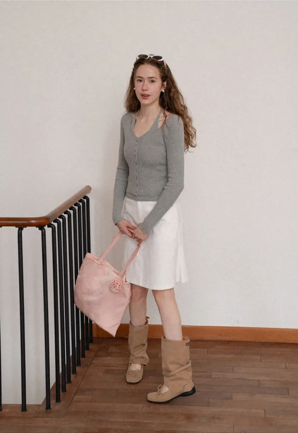 Ribbed Knit Halter Neck Button Front Cardigan