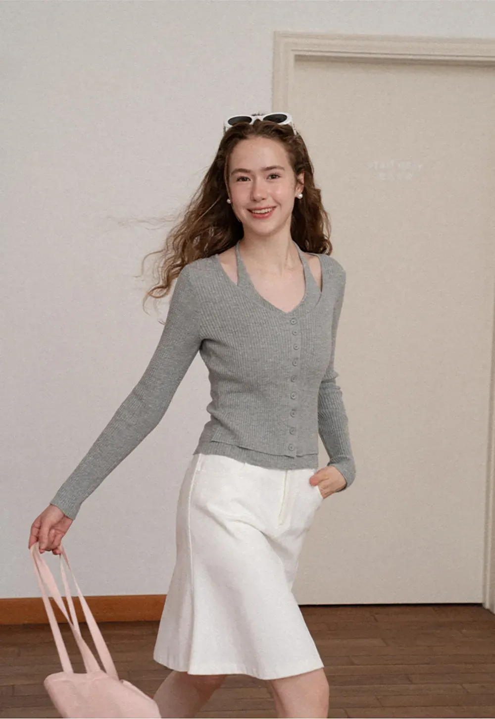 Ribbed Knit Halter Neck Button Front Cardigan