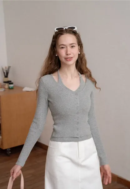 Ribbed Knit Halter Neck Button Front Cardigan