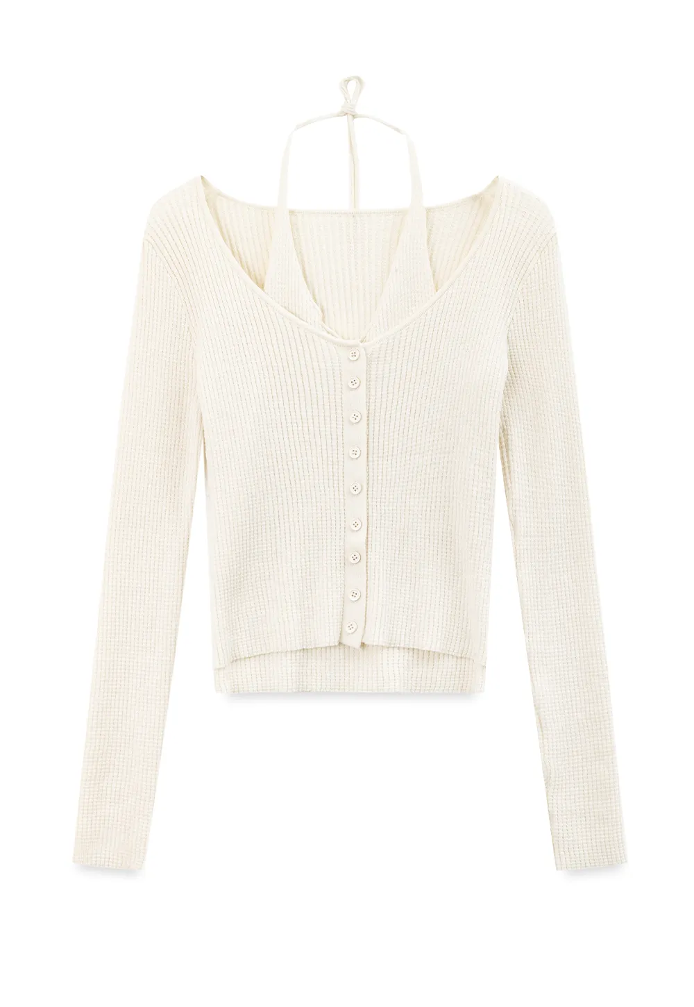 Ribbed Knit Halter Neck Button Front Cardigan