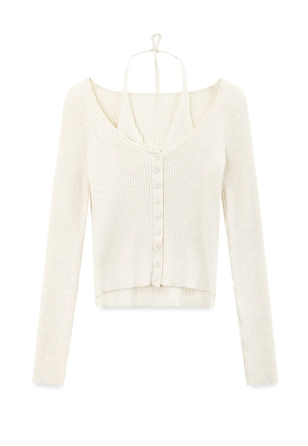Ribbed Knit Halter Neck Button Front Cardigan